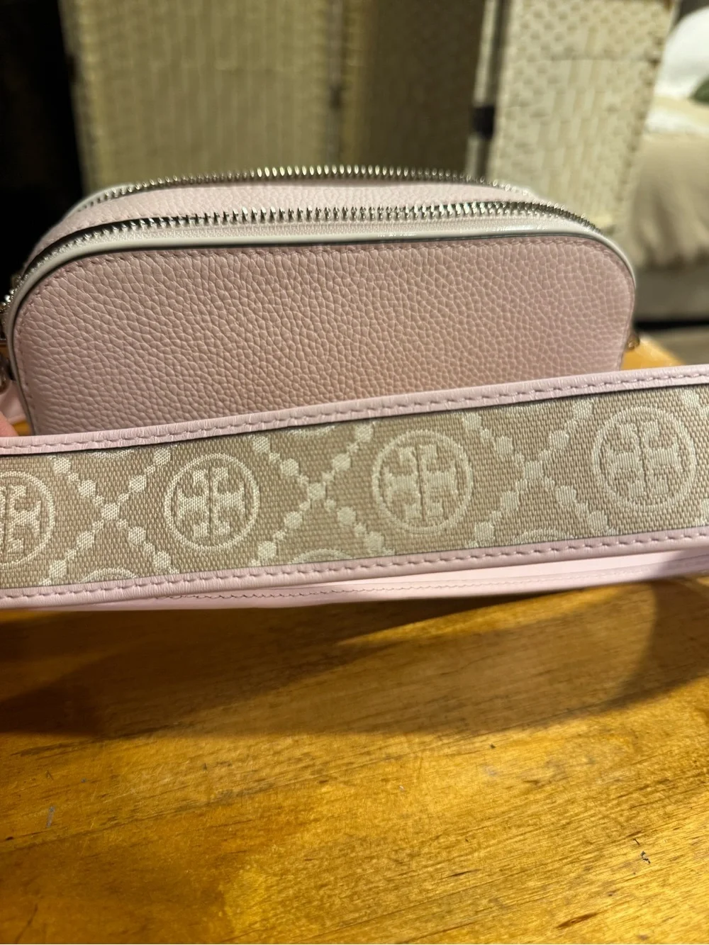 Tory Burch soft Pink Leather mini Miller Crossbody bag with TB Logo Strap